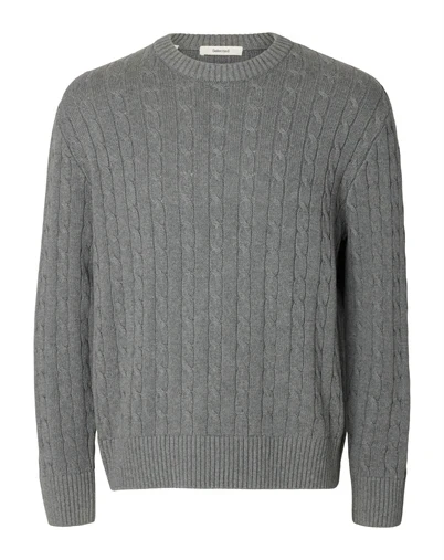 Selected - SLMBraun Cable Crew Strik - Medium Grey Melange 